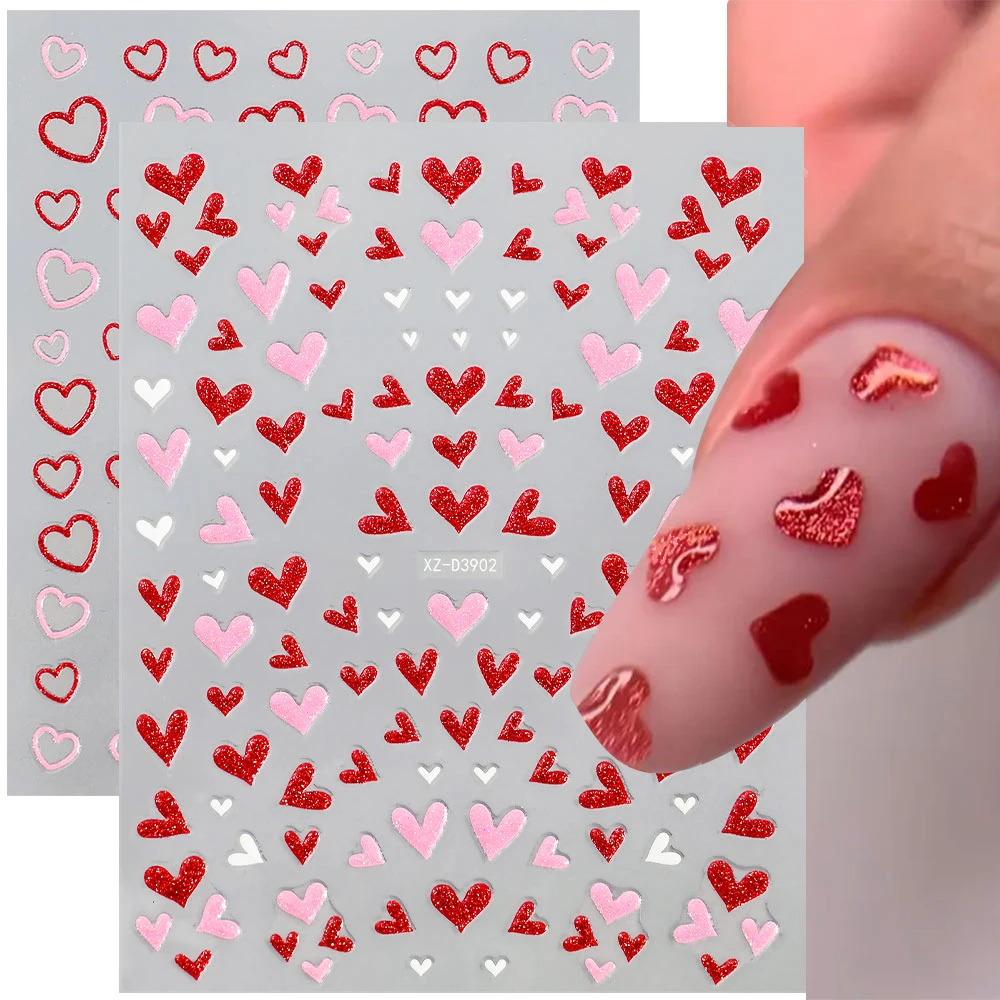 1Pc Red Pink White Heart Bow Nail Art Stickers with Glitter Sequins 5D Self Adhesive Nail Decorations Slider Decals DIY Manicure