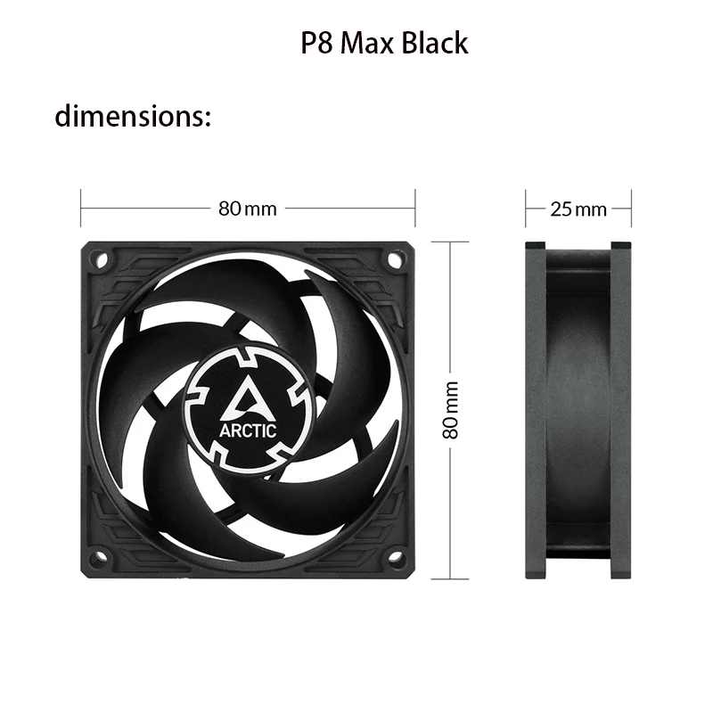مروحة ARCTIC P8 Max عالية الأداء 80 مم، يتم التحكم فيها PWM 500–5000 دورة في الدقيقة، تحسين الضغط الثابت، محمل ديناميكي سائل