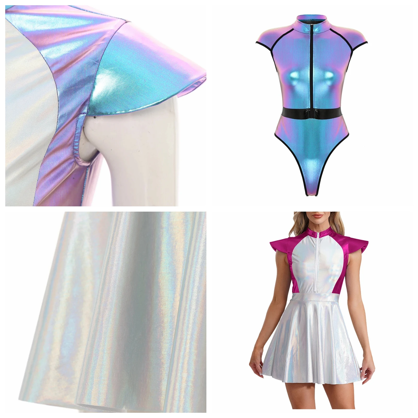 

Womens Galaxy Outer Space Alien Cosplay Costume Metallic Bodysuit Carnival Astronaut Robot Saucer Man Fancy Dress Up Jumpsuit