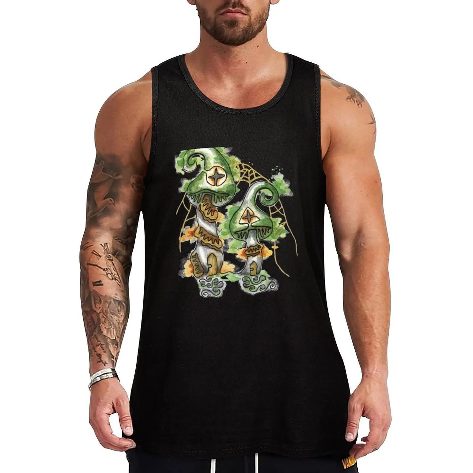 

Mushroom Fairy House Continuous Line Watercolor Tank Top Logo Free Print Tank Top Casual Graphic Sleeveless