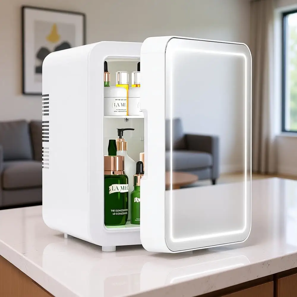 

Мини-холодильник для косметики на 4 литра с зеркалом и регулируемой LED-подсветкой, функцией охлаждения и подогрева, портативный для спальни, офиса и автомобиля, белый