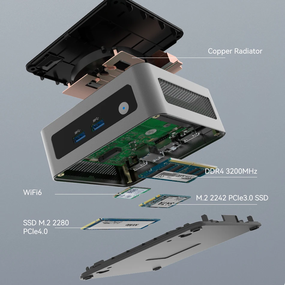 Mini PC Intel Core i5-12450H, i7-13620H, 2x Slots DDR4, 2x Slots SSD M.2, WiFi 6, Bluetooth 5.2, Tipo-C, 4K, Windows 11, 12th e 13th