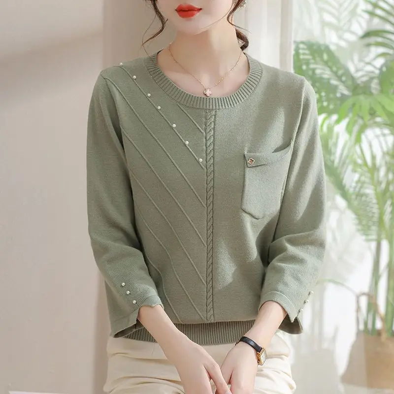 Fashion All-match Solid Color Beading Knitted Pullovers 2023 Spring Summer Elegant Temperament 3/4 Sleeve Sweaters for Female