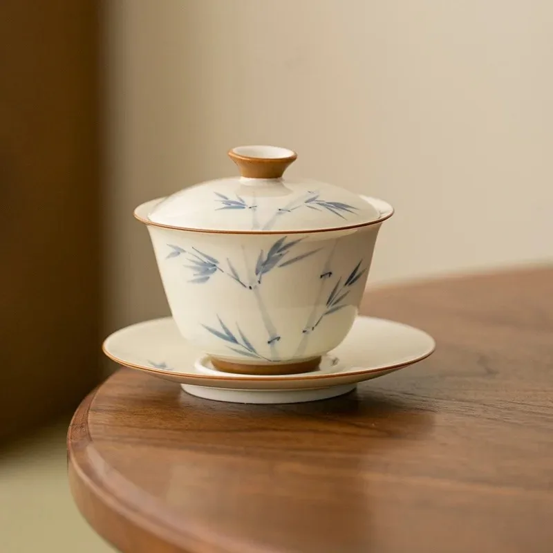 

120ml Hand-painted Persimmon Bamboo Cover Bowl Household Anti Scald Gaiwan Handmade Tureen Tea Making Cup Tea Items