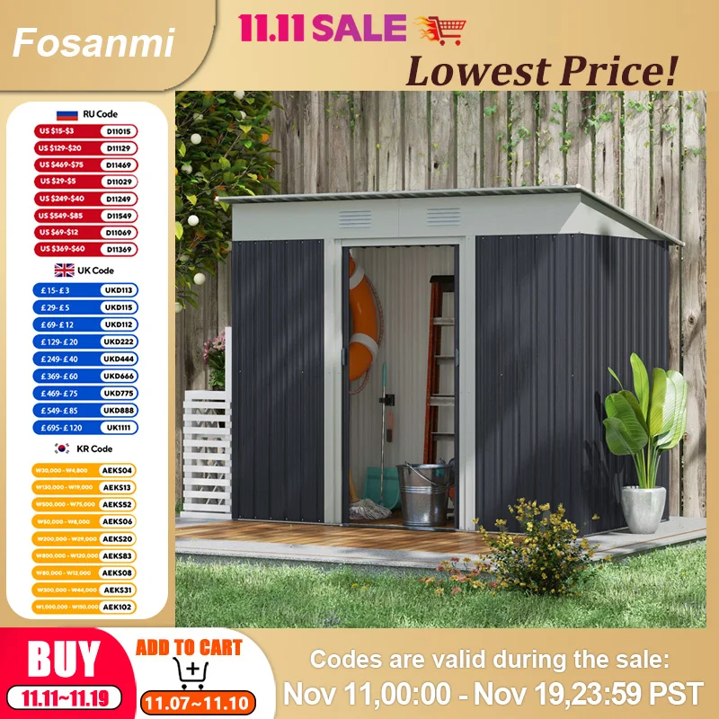 

Узкий металлический навес 7x4 футов из оцинкованной стали для хранения с двойными раздвижными дверями и 2 вентиляционными отверстиями для газонокосилки, велосипеда, патио, игрушки для бассейна