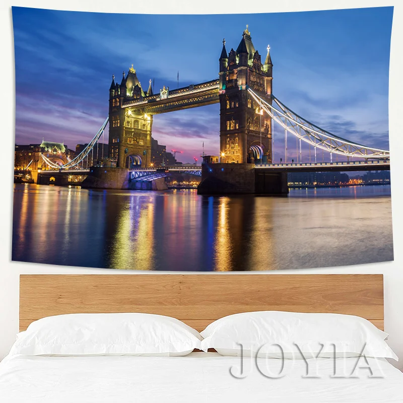 Modern Cityscape Night Tapestry Evening London England Tower Bridge Big Ben Wall Hanging Backdrop for Bedroom Living Room