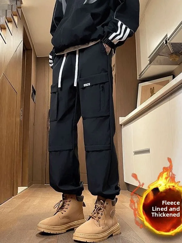 

Korean Sle Fce Lined Trousers Loose Fit Men's Autumn Winter New Sle Multi ket Bla Casual Versatile Long Pants