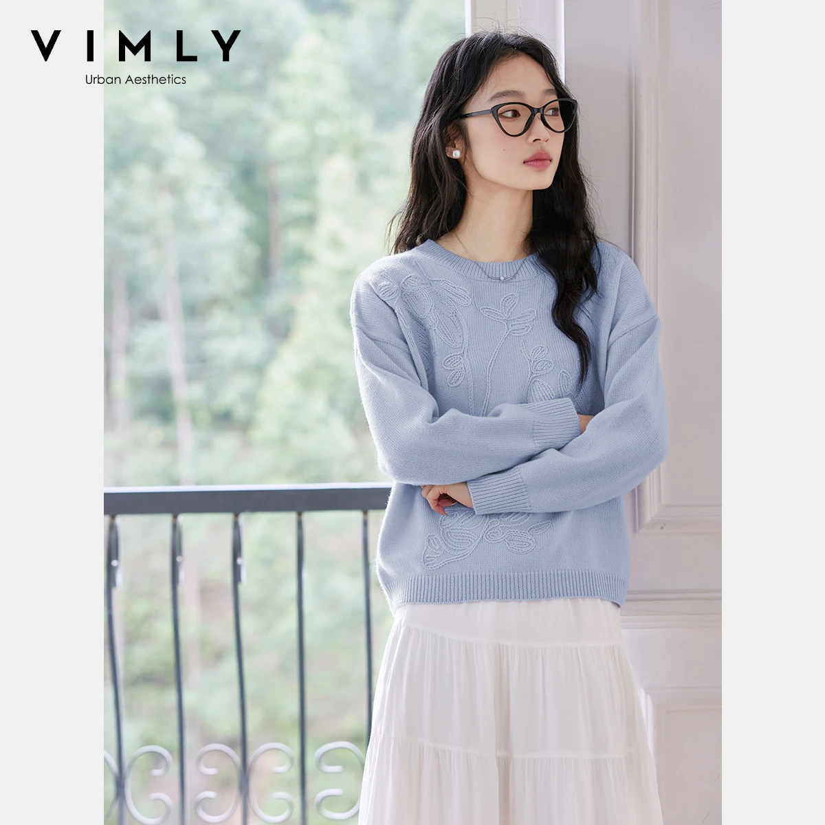 

VIMLY свитера для женщин с цветочным принтом и круглым вырезом, вязаный крючком, повседневный шерстяной свитер, осень 2024, свободные эластичные женские пуловеры с длинными рукавами 73898