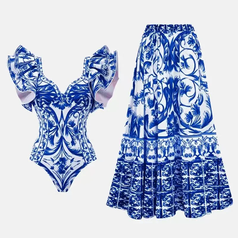 2025 Women Printed One Piece Triangle Bikini and Skirt Swimwear Push Up bikini set two pieces Summer Bathing Suit Monokini