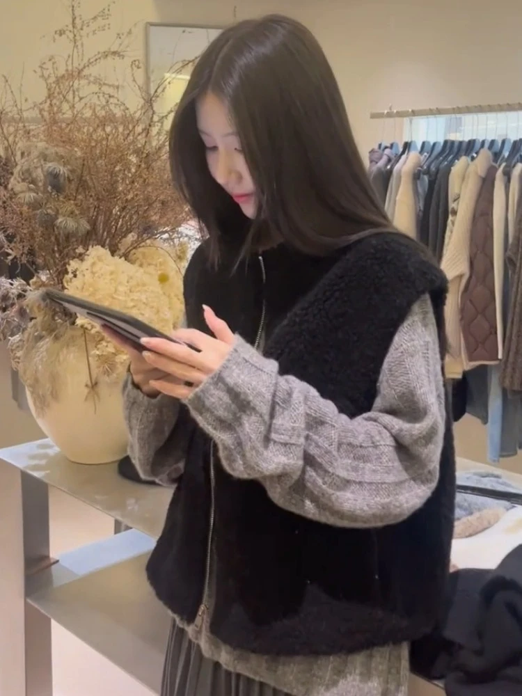 Retro Sle Dames Open Eapenvacht Vest Svel Ronde Ne Loose Fit Herfst Winter Bovenkleding Ritssluiting