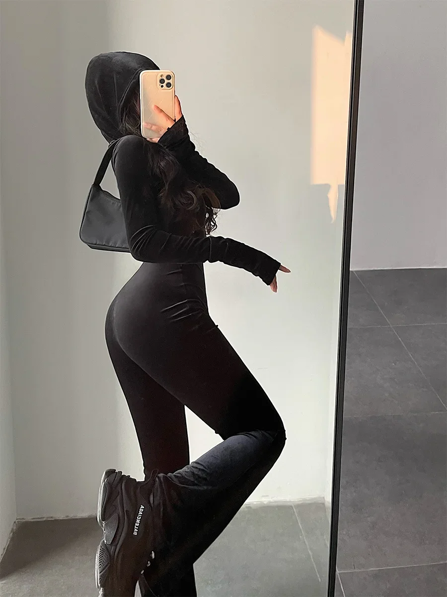 2024 Hot Tops Fashion Black Velvet Slim Hooded Zipper Long Sleeve Flare Pants Jumpsuit Rompers Korean Sexy