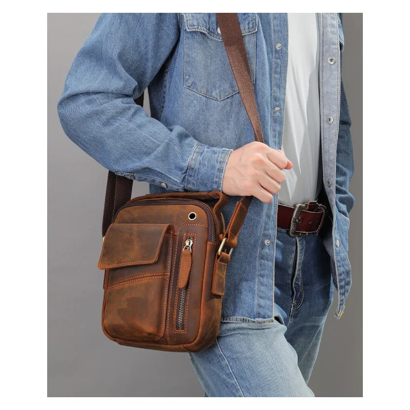 Vintage Echt leder Männer Umhängetasche Luxus kleine Schulter Umhängetasche lässig Mann quadratische Handy tasche