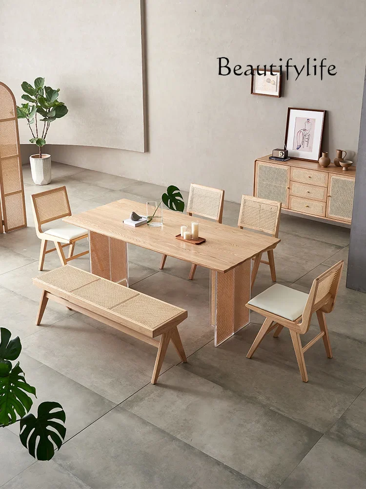 N19 Nordic Solid Wood Rattan Home Dining Tables and Chairs Set Southeast Asian Ash Small Apartment Rice Table