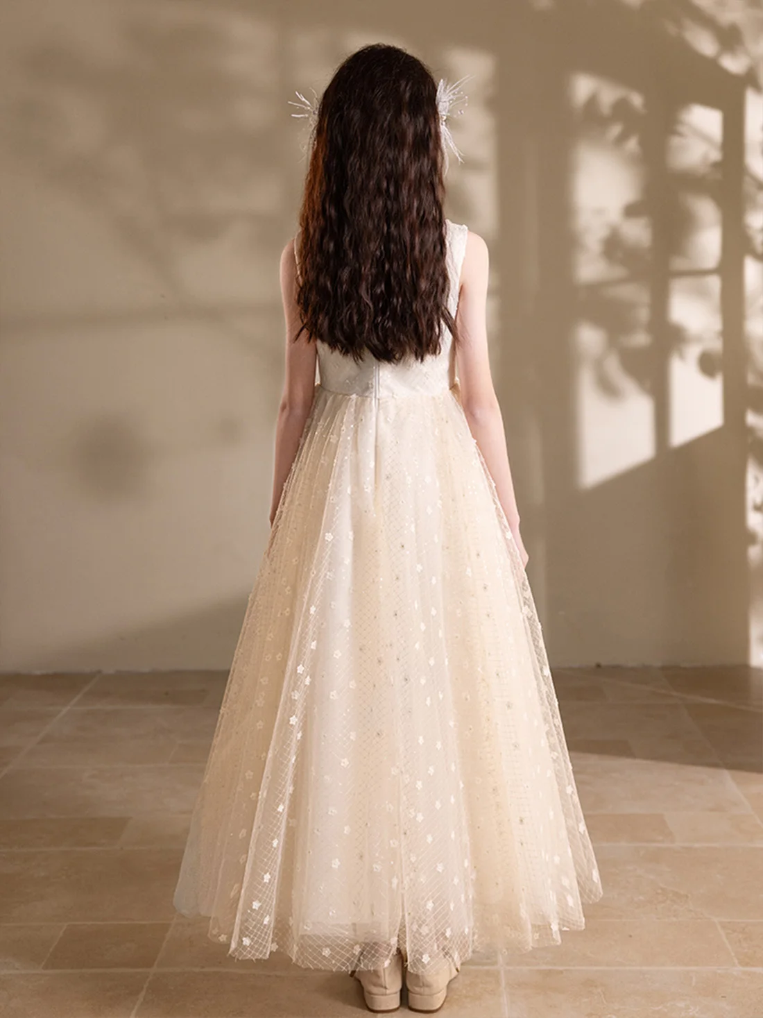 Girls Top Neckline 3D Beaded Tulle Flower Girl Dress Eid Dress Small Concert Dress Dress Set / Custom