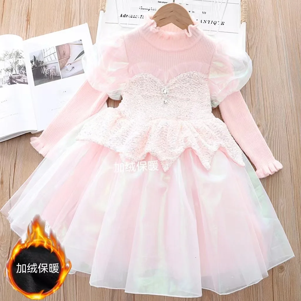 Girls\' Dress Autumn and Winter Fashionable Princess Dress Bow Woolen Skirt Girls Sequins Tulle Skirt