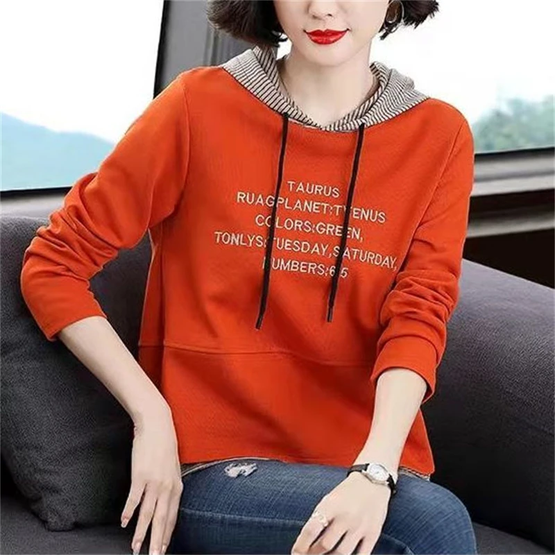 Women Korean Style Letter Print Striped Patchwork Hooded Sweatshirts Casual Streetwear Drawstring Hoodies Long Sleeve Loose Tops