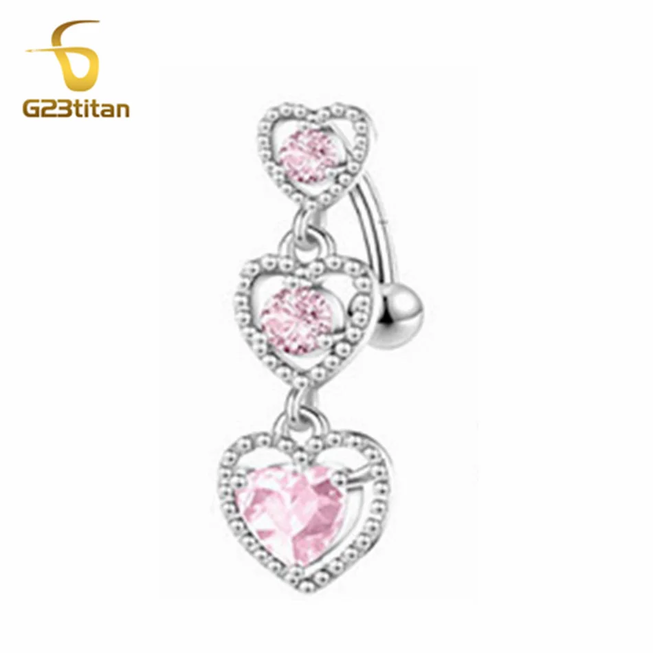 G23Titan 3 Heart Reversed Barbell Pink Zircon Navel Ring 6-16mm 14G Surgical Body Piercing Belly Button Rings Jewelry For Women