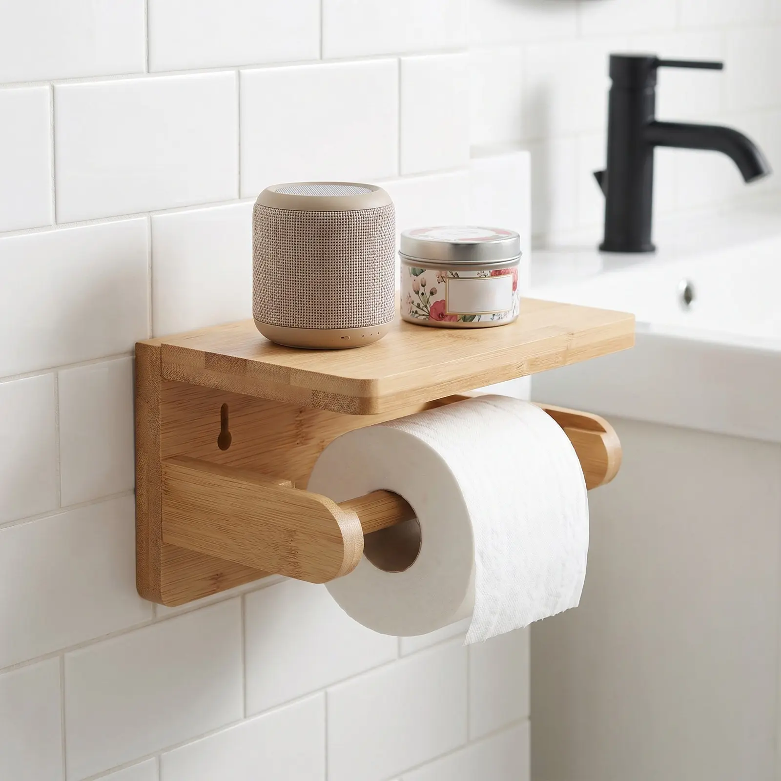 Bamboo Roll Paper Holder Wooden Wall Mount Toilet Paper Rack Bathroom Tissue Dispenser Eco Friendly Organizer