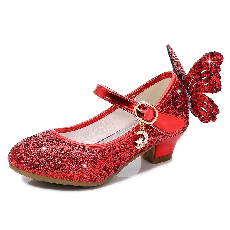 Princess Butterfly Leather Shoes Kids Diamond Bowknot High Heel Children Girl Dance Glitter Shoes Fashion Girls Party Dance Shoe