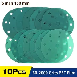 5/10 adet cırt cırt zımpara diski 6 inç 15 delik 60 ila 2000 Grit Polyester Film 150MM zımpara kağıdı ıslak ve kuru Orbital zımpara makinesi için