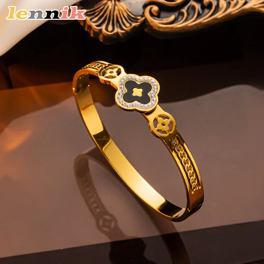 Light Luxury Clover Bangle,White Shell and Titanium Steel Electroplated,Hollow Out Fade-Resistant Design,Stylish Jewelry Present
