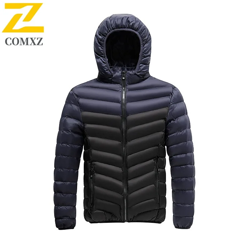 COMXZ Men Down Jacket 2025 Splicing Ultra Light Outdoor Camping Warm Parka Premium Hooded Outdoor Cold Resistant Winter Coat