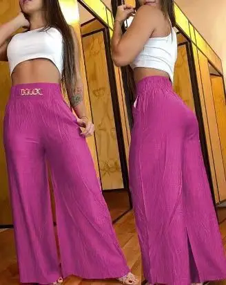 Summer Chain Decor High Waist Wide Leg Pants New Spring Elegant Women Black Casual Pocket Loose Street Trousers Y2k Long Pant