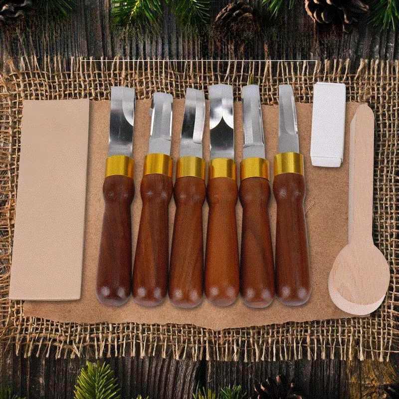 Black Walnut Handled Spoon Knife Set Woodworking Stainless Steel Curved Carving Chisel Wood Sculpture Handmade DIY Carving Knife