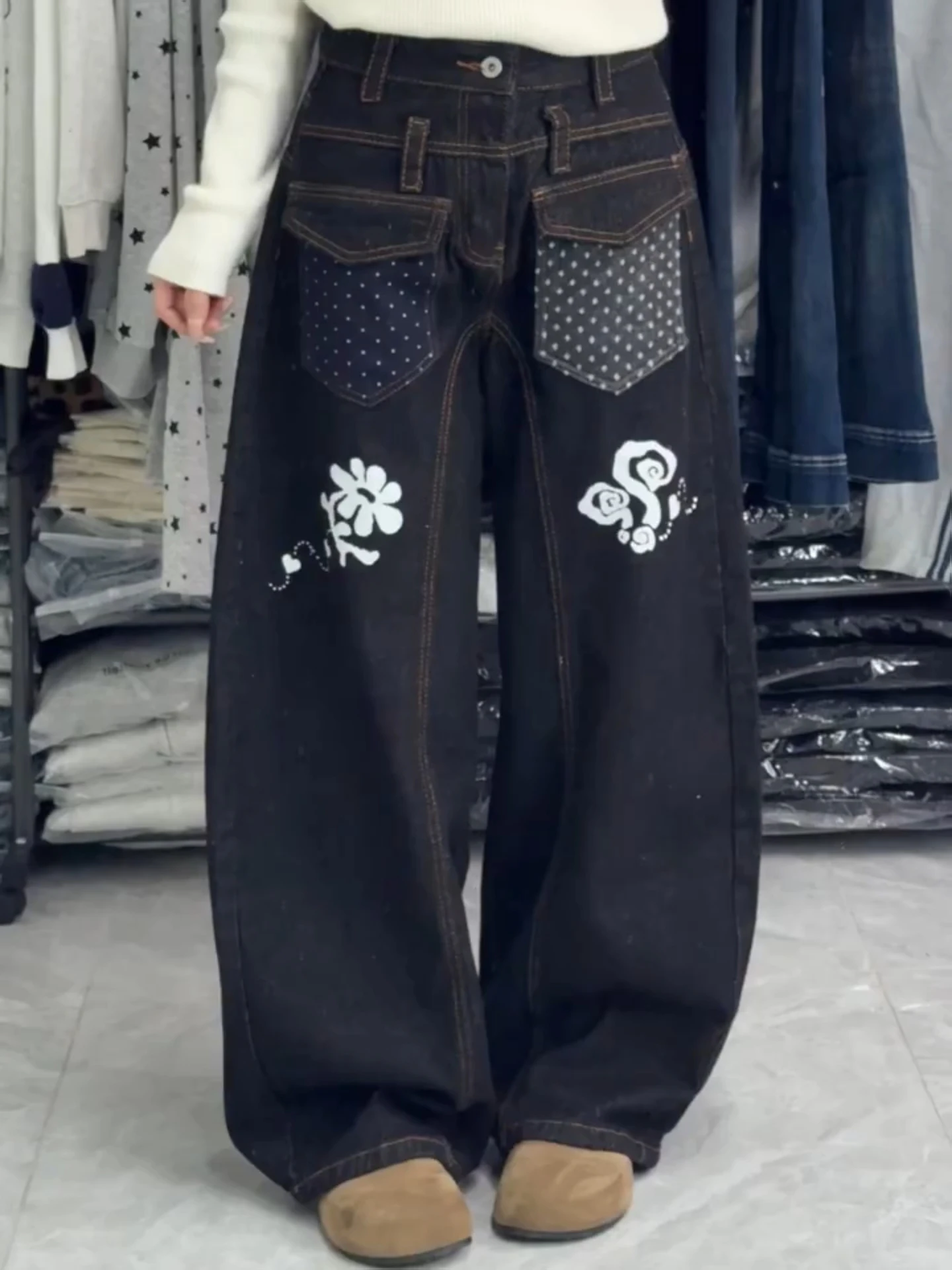 

American Vibe plus Size Polka Dot Splice Double Pocket Jeans Street Style High Waist Loose Knife Long Pants Unisex