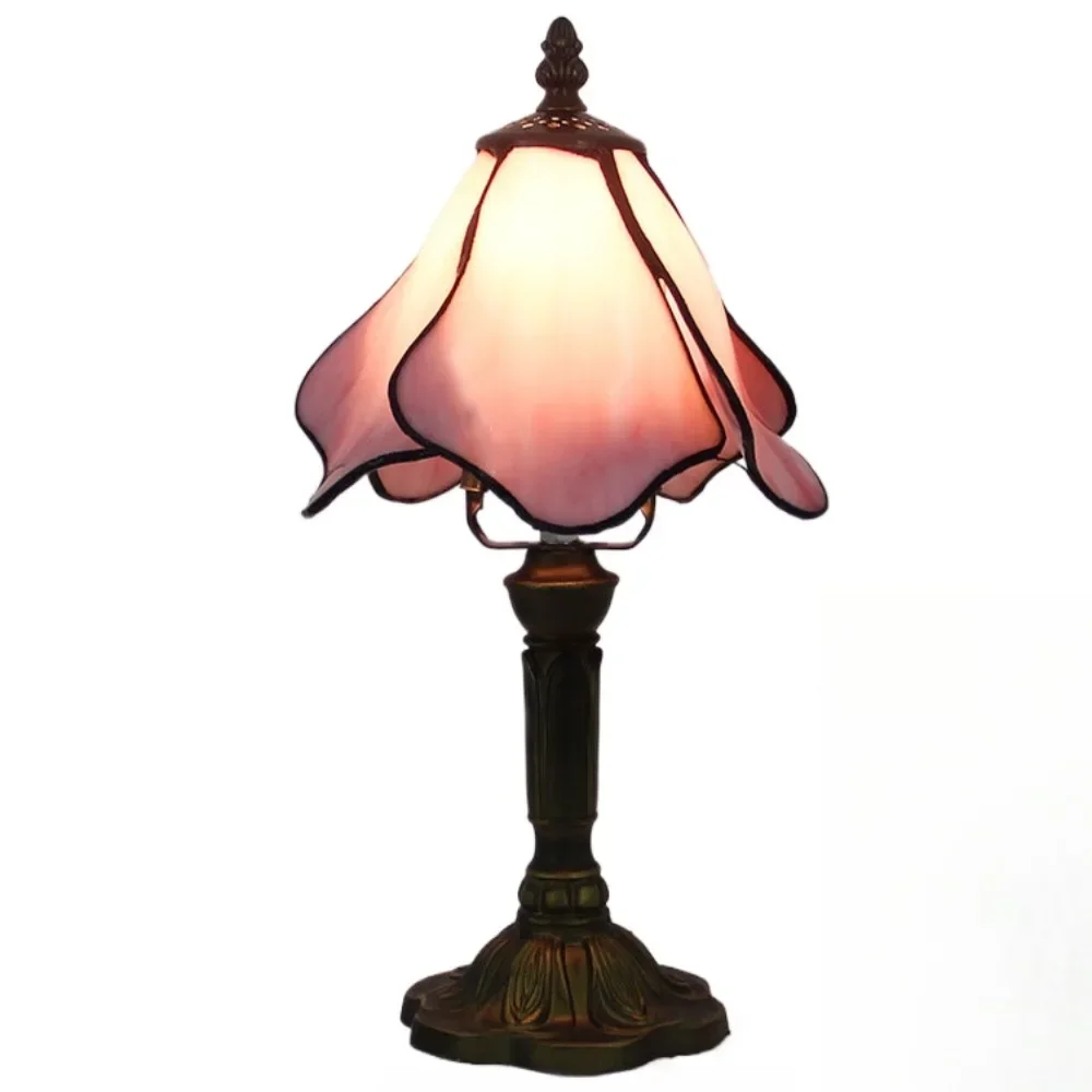 8inch Villa Hotel Desk Lamp Tiffany Stained Glass Pink Lotus Lampshade Table Lamp American Living Room Bedroom Night Light