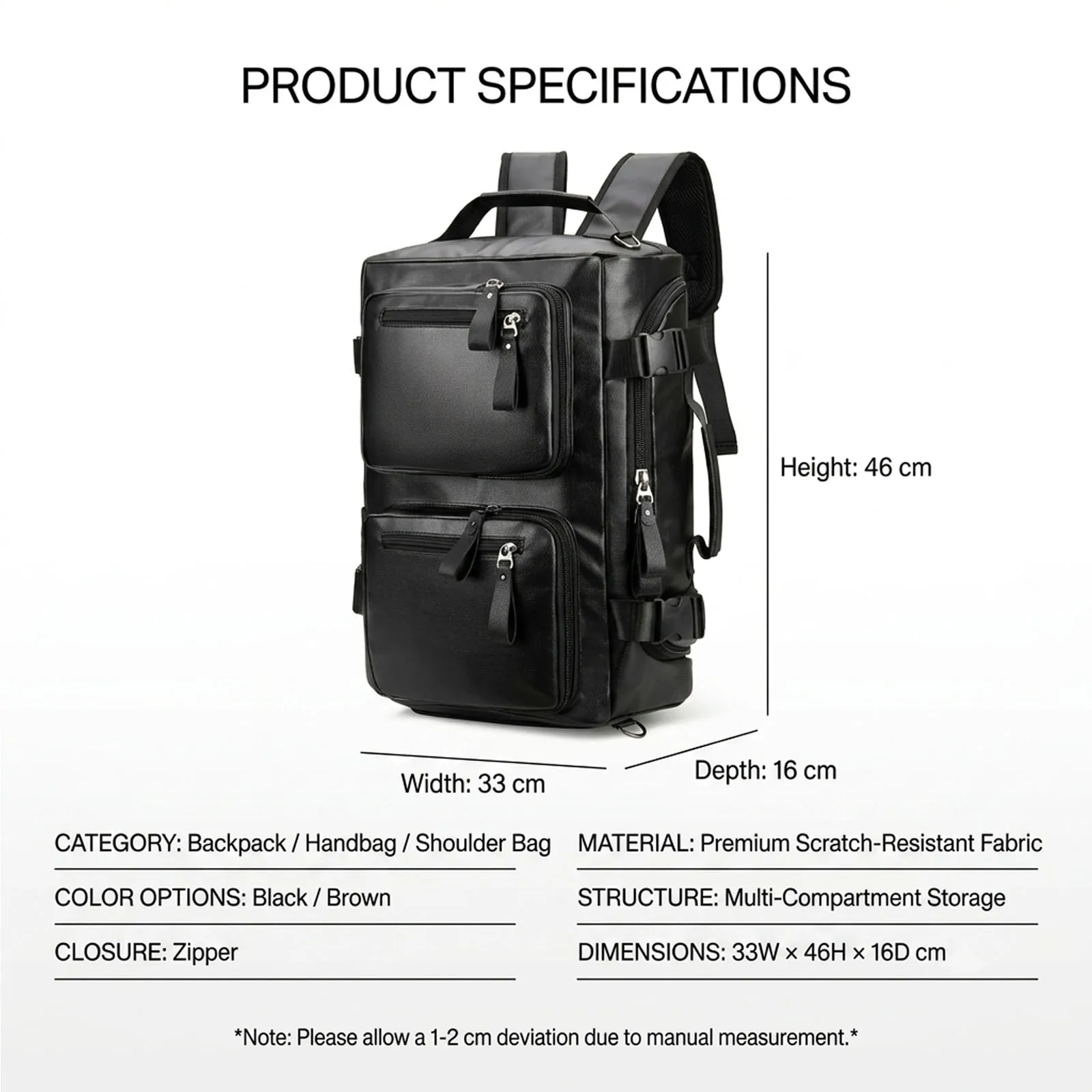 Men's PU Leather Business Backpack,Travel Bag with Shoe Compartment,Convertible Shoulder Crossbody Handbag for Business Trip