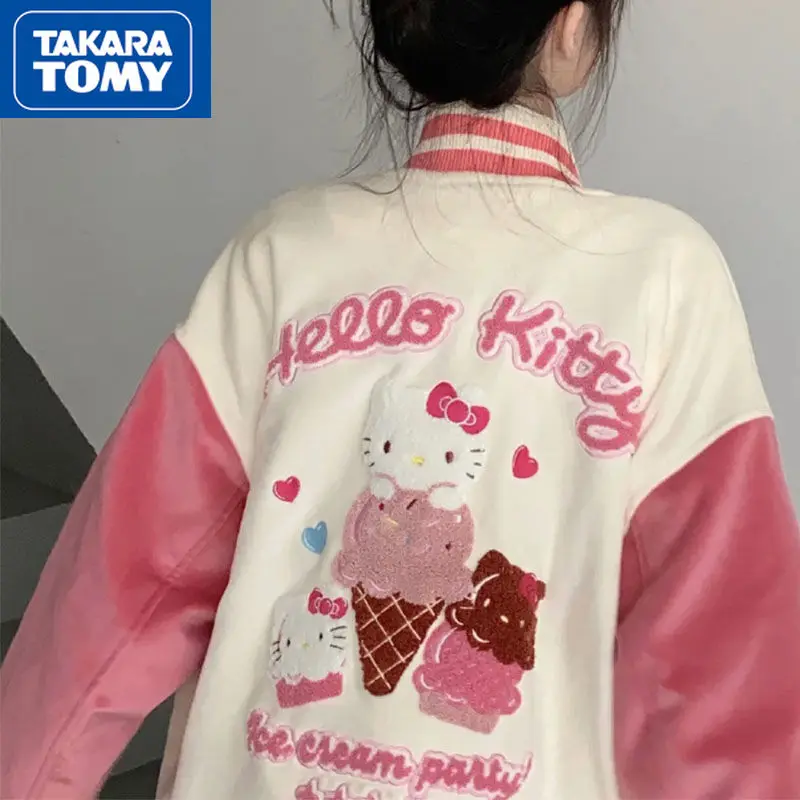 

TAKARA TOMY winter new 2021 cute cartoon Hello Kitty print hit color baseball uniform flocking cream thick cotton jacket