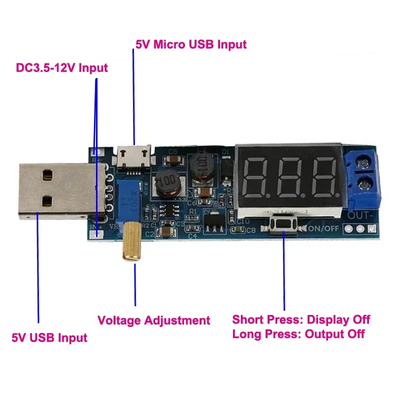 USB 5V DC-DC Buck Boost Converter Power Supply Module Adjustable Voltage Regulators 3.5-12V To 1.2-24V