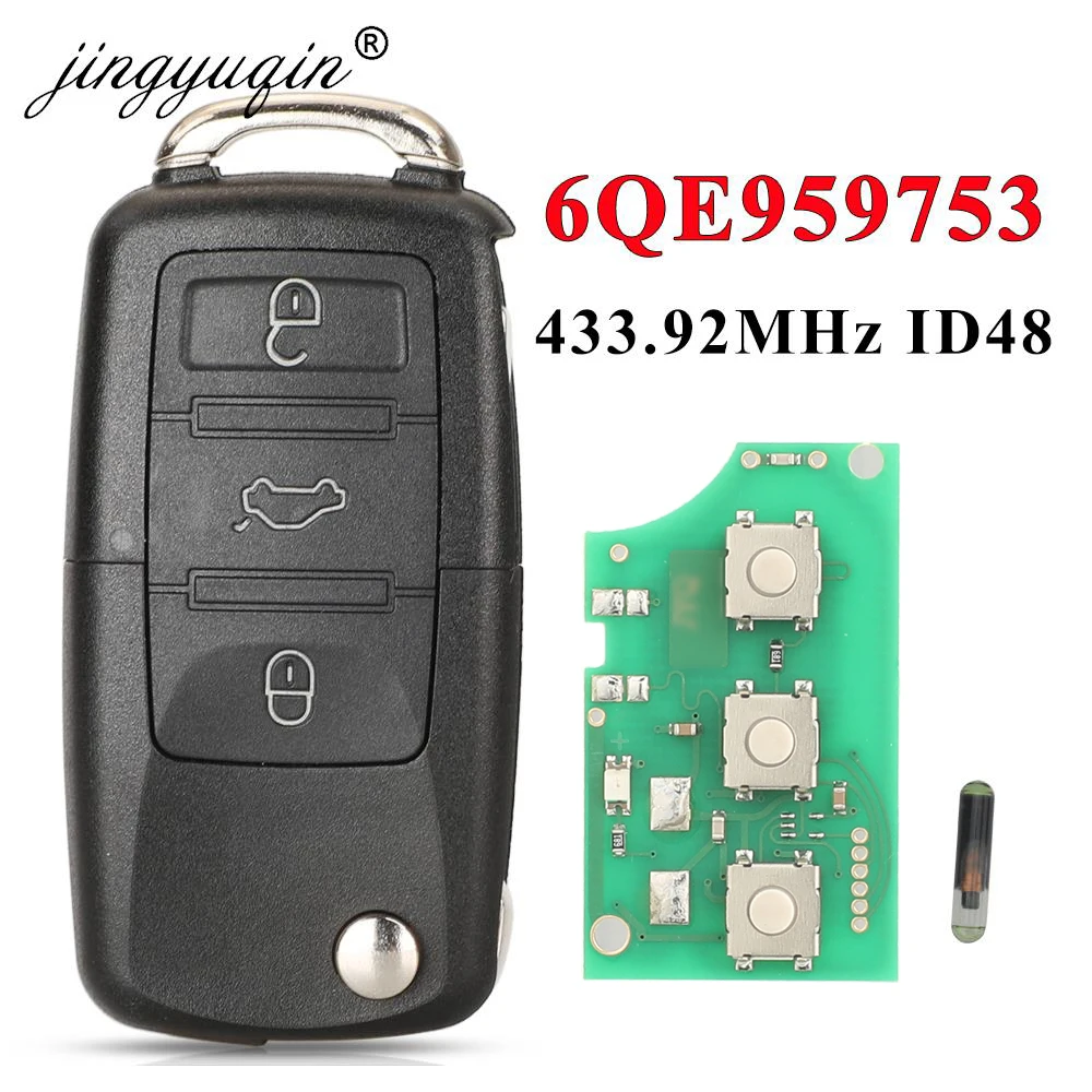 jingyuqin 6QE 959 753 Remote Car Key Fob 434MHz for Volkswagen VW Fox Gol Sharan 2010+ Saveiro2009-2012 6QE959753 Flip 3 Buttons