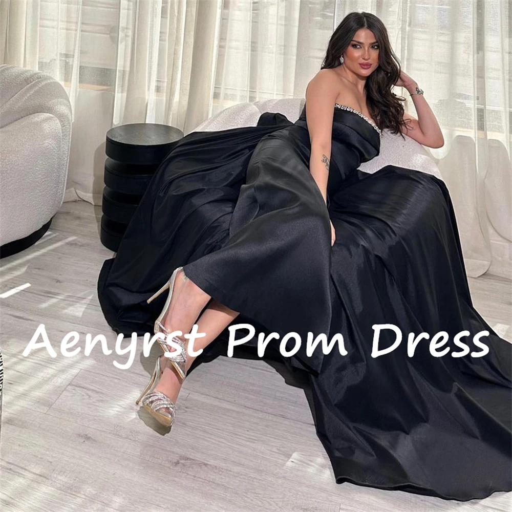 Aenyrst schwarz träger lose Satin Ballkleider gerade Kristall Abendkleider knöchel lange Dinnerparty Kleid elegant فساتين الس카رة