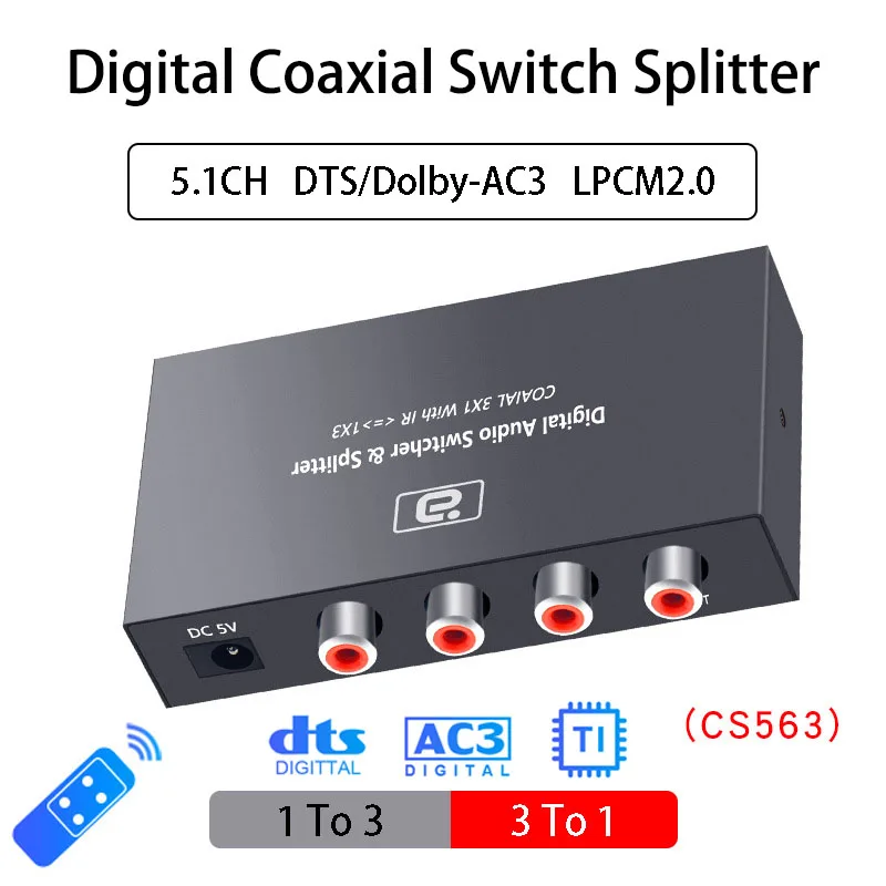 

Dolby 5.1 DTS AC3 Digital Coaxial Audio Switcher 3 To 1 Bi-directional Converter Audio Splitter Extender With IR Remote Control