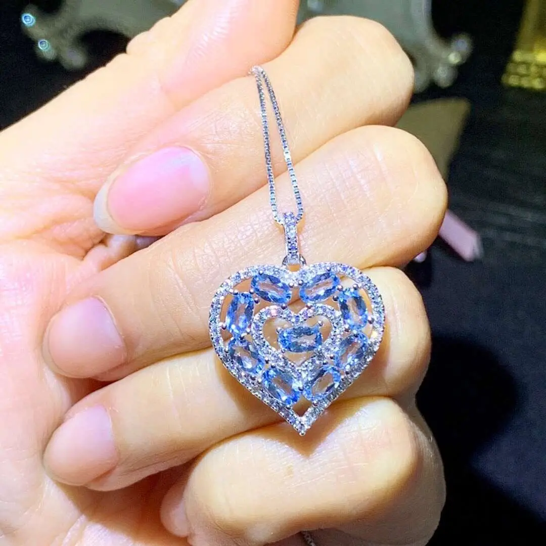 Blue Aquamarine Pendant for Office Woman Solid 925 Silver 3mm*5mm  Natural Aquamarine Necklace Pendant Gift for Wife
