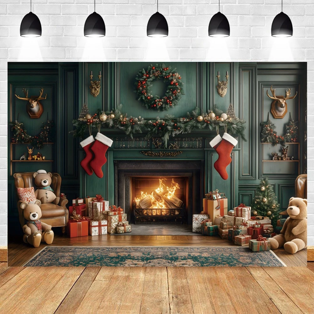 Christmas Fireplace Photography Backdrop Xmas Trees Gifts Toy Bear Stockings Garland Kids Family Party Decor Photo Backgrounds