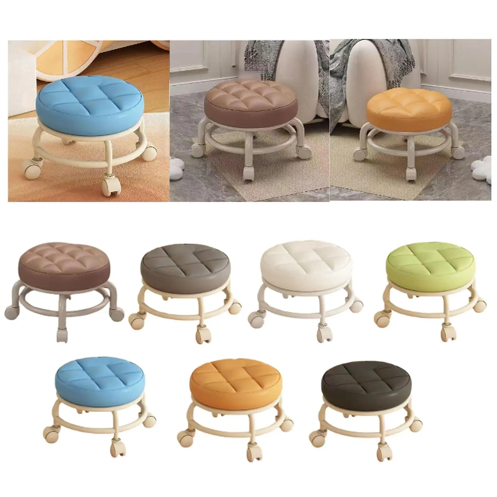 Rolling Stool Low Roller Seat Comfortable Round Sturdy Modern PU Leather with Wheel for Home Playroom Porch Kitchen Garage