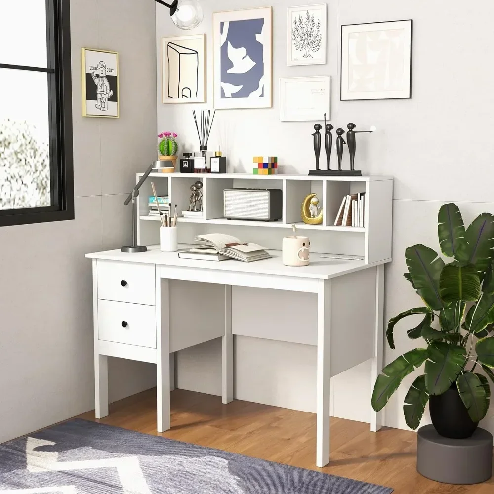 White Desk with Drawers & Hutch, Writing Study with Charging Station, Laptop Desk with 5 Storage Compartments