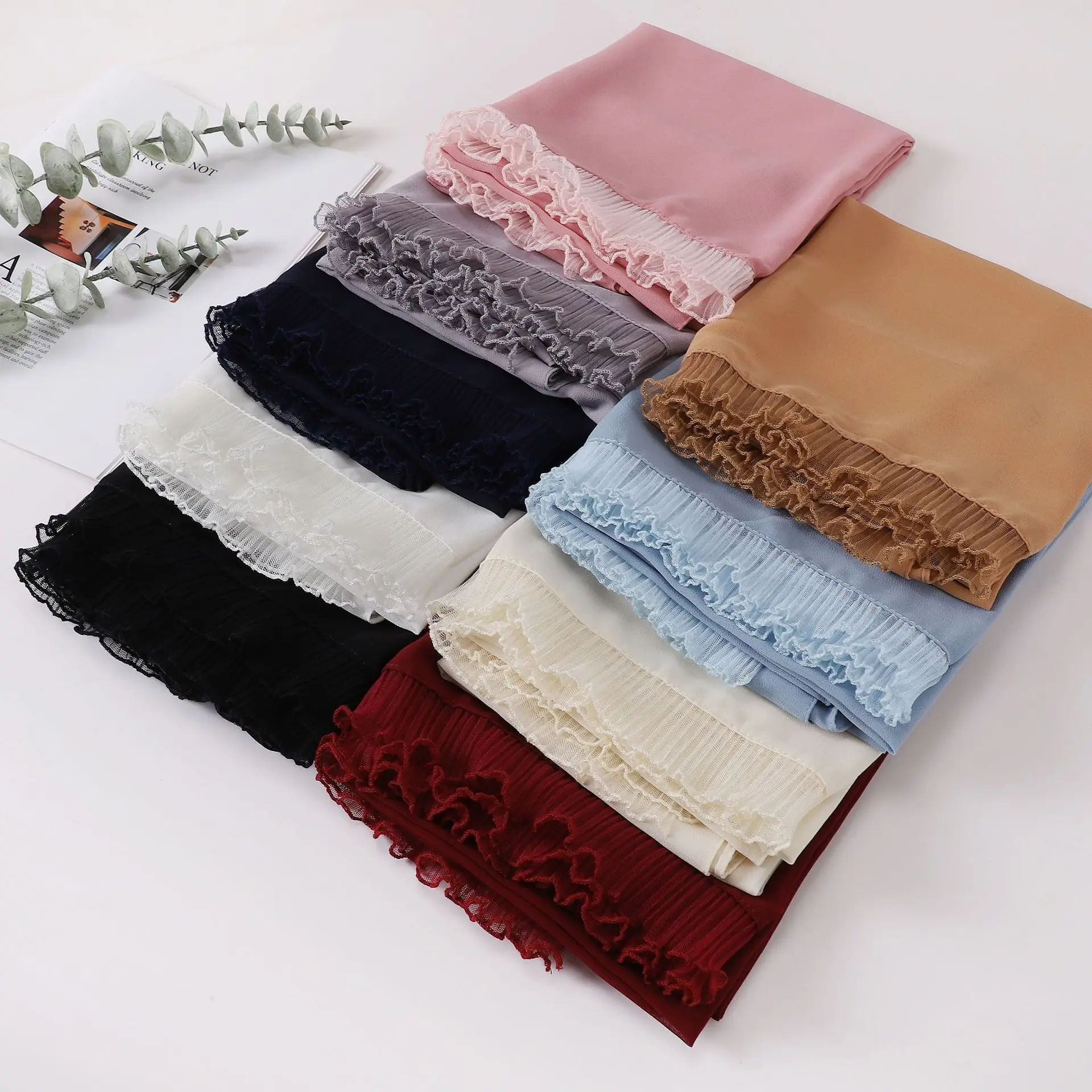 Korean Lace Patchwork Chiffon Scarf Women's Versatile Styles Solid Color Bandanas Shawl Wraps Headband Bufanda Stoles Mujer