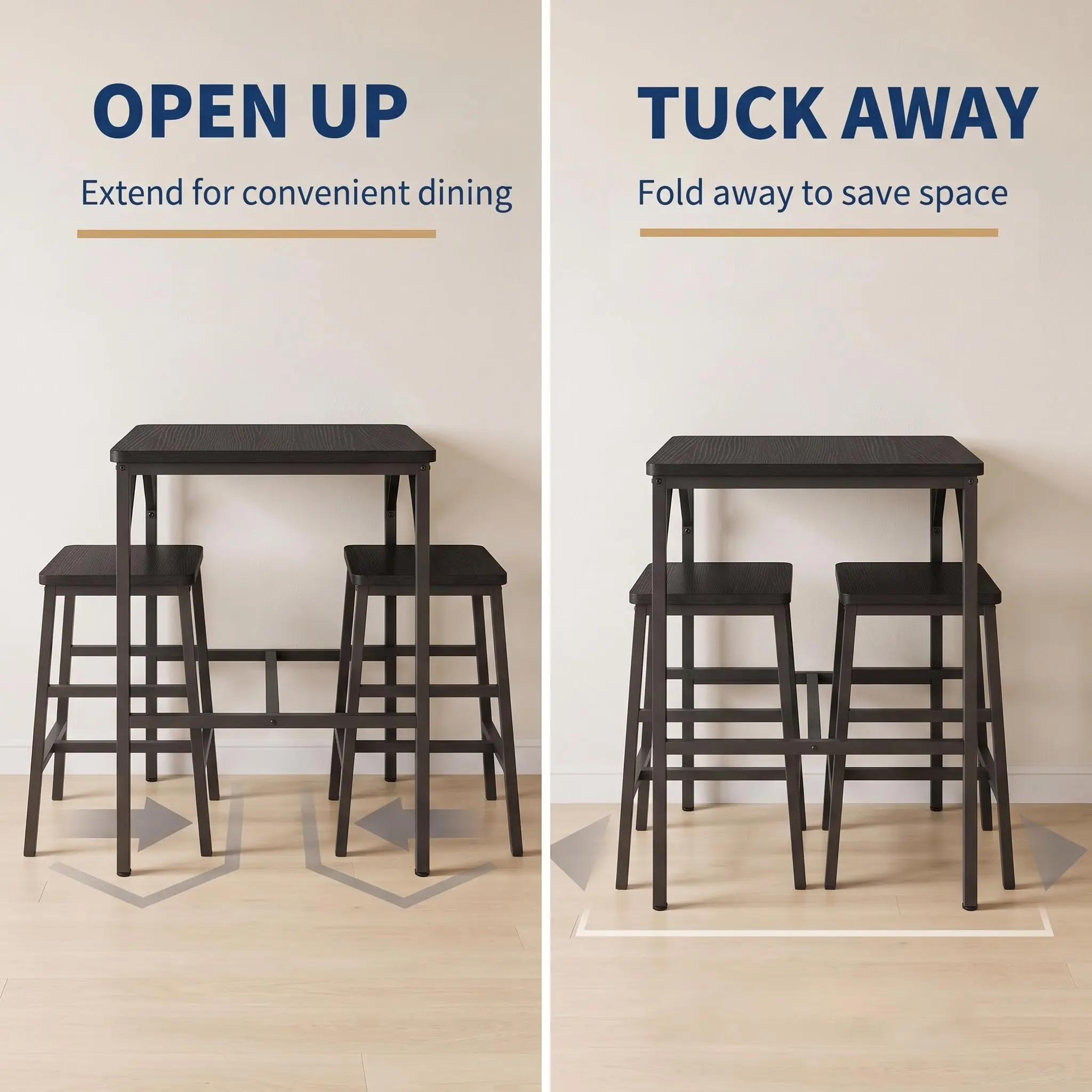 3-Piece Counter Height Dining Table Set for 2 - Square High Top Pub Table with 2 Stools - Space-Saving Industrial Bistro Set for Small Apartment Kitchen