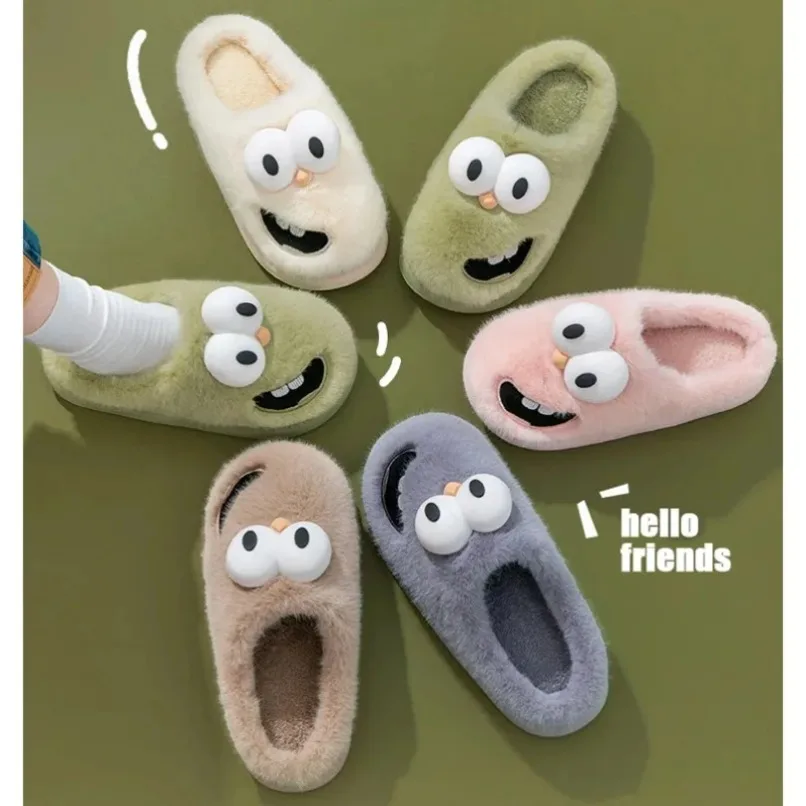 Home Slipper Womens flip flops Big eyes dog Winter Warm Cartoon Kawaii Plush Indoor House Shoes Flat Funny Fuzzy Female slides