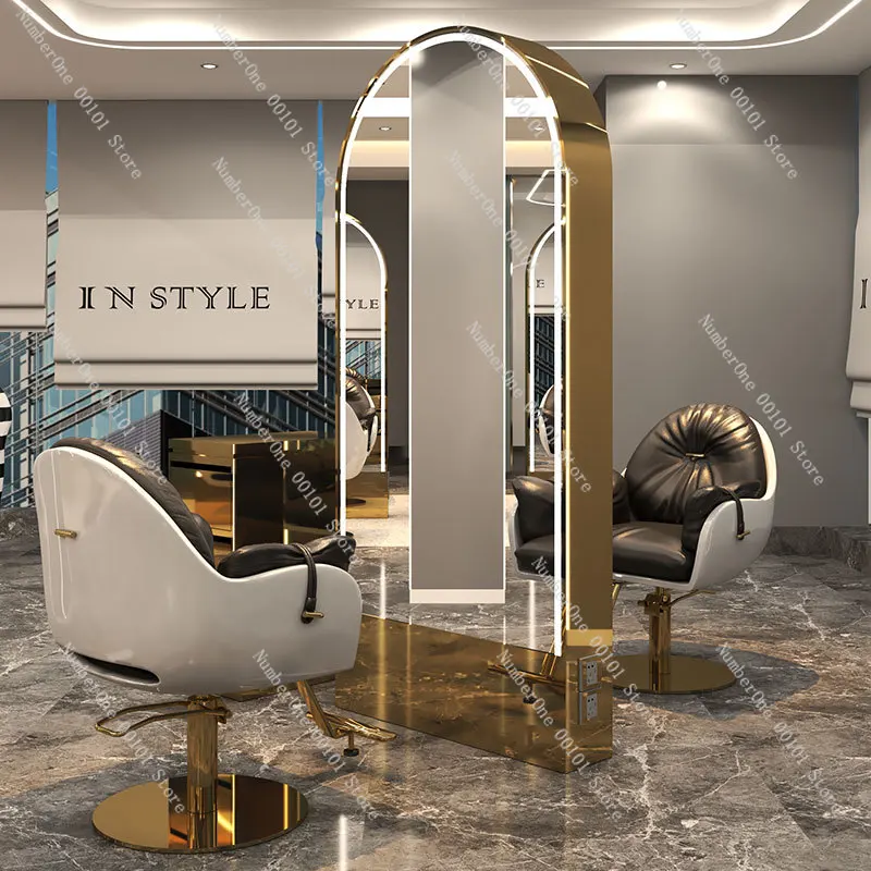 Luxury salon furniture led light gold frame double sided barber station modern hair salon mirrors designs