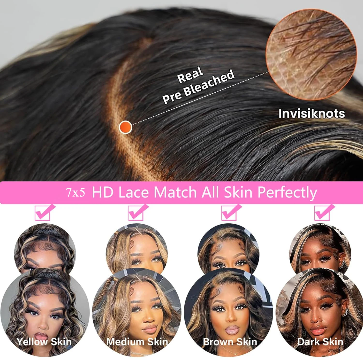 40Inch Glueless Wigs Human Hair Ready To Wear 7x5 HD Lace Glueless Wigs with Bye Bye Knots Pre Plucked 1B/27 Color Straight Wigs