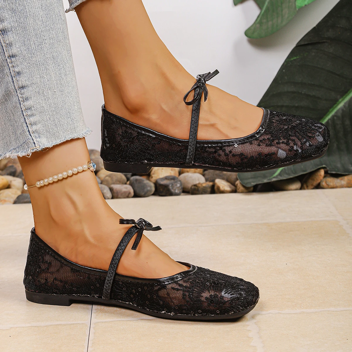 Frühling/Sommer Elegante Ballerinas mit eckiger Zehenpartie, sexy Mesh-Ballerinas, modische, meistverkaufte, neue, bequeme Damenschuhe in großen Größen – Detail 7