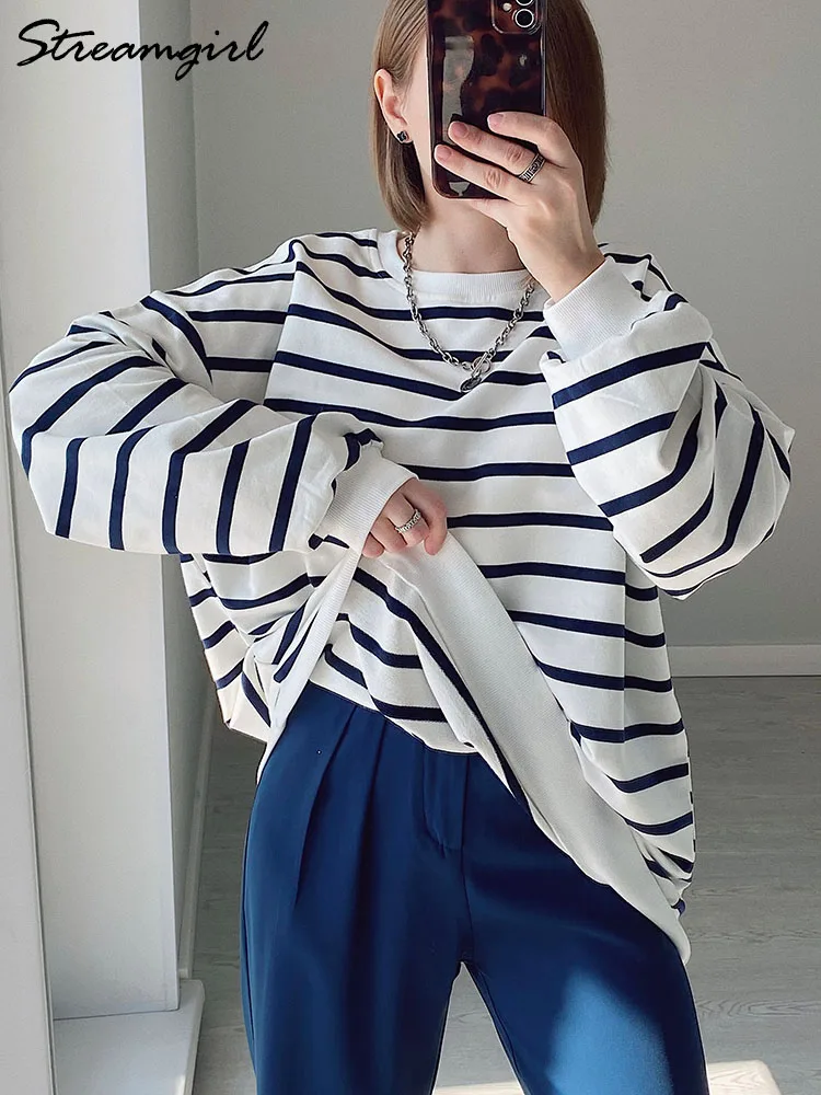 Striped Oversized Sweatshirt Women Cotton Autumn Loose Long Sleeve Tops Casual Red Stripe Women\'s Sweatshirts Oversized Pullover