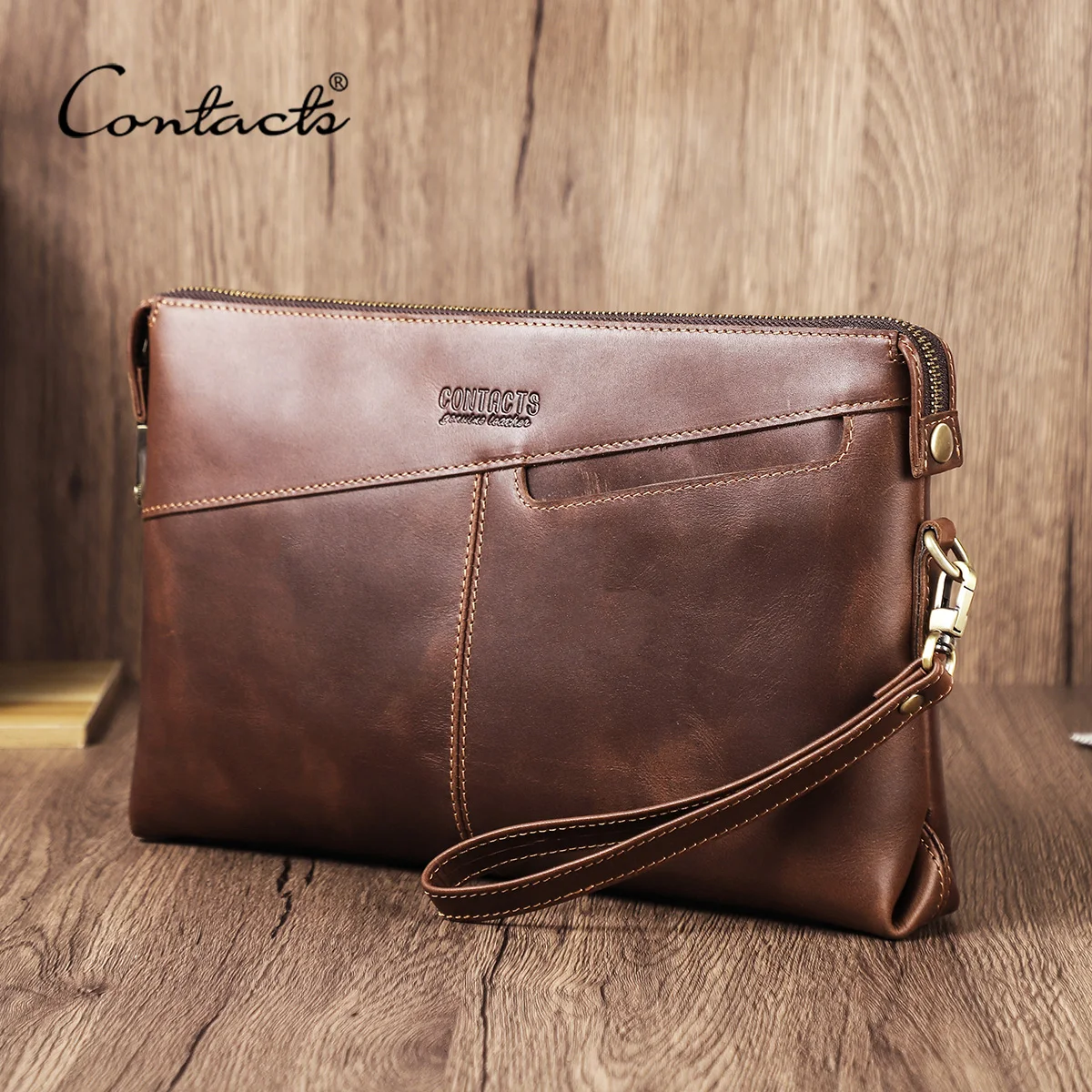 CONTACT'S Genuine Leather Clutch Bag for Men with Password Lock, Security Phone Pocket, Handbag Wallet for Male Business Use