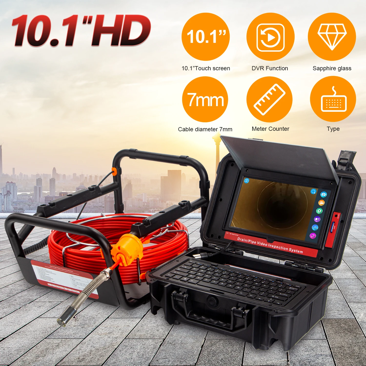 50M Cable 10.1Inch HD Touch Screen 512HZ Transmitter Sewer Camera 16GB Card Video Audio Recording Pipe Inspection Camera