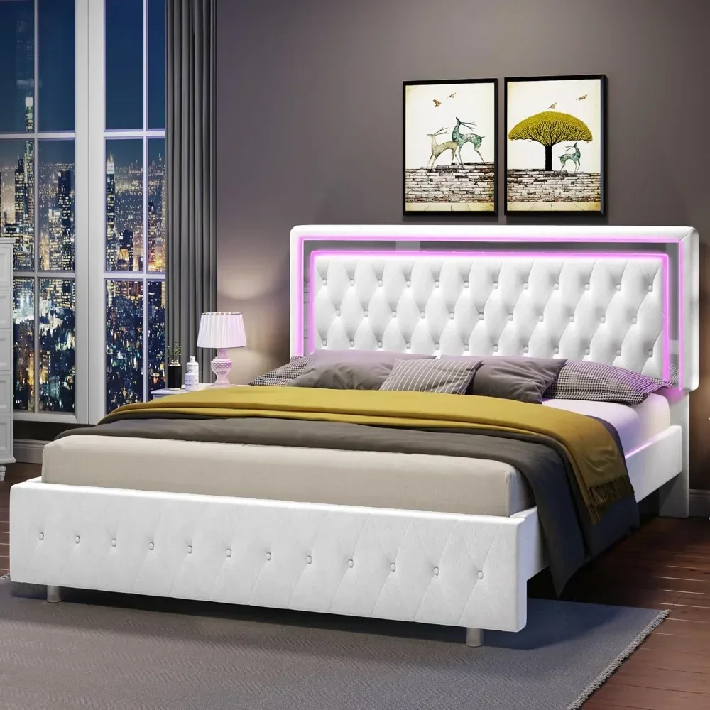 Queen Bed Frame, Velvet Upholstery, Headboard and Footboard with LED Lights, No Spring Mattress Required, Platform Bed Frame